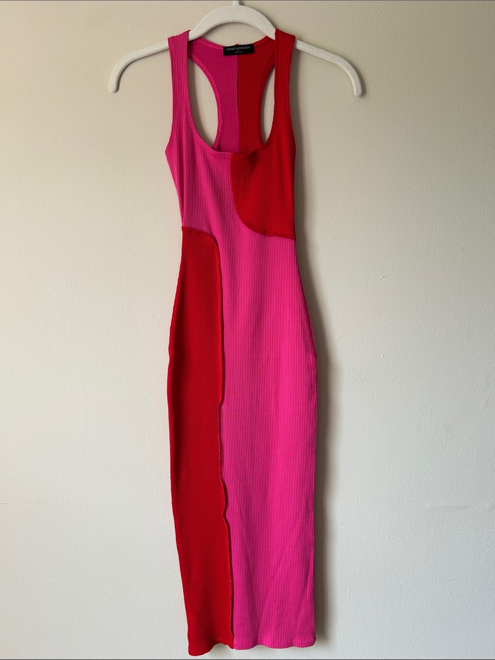 Naked Wardrobe Pink & Red Rib Colorblock Racerback Midi Dress